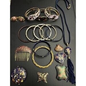 Vintage Lot Of 19 Cloisonné Jewelry Lot Bracelets Bangles Necklaces Pendant, etc
